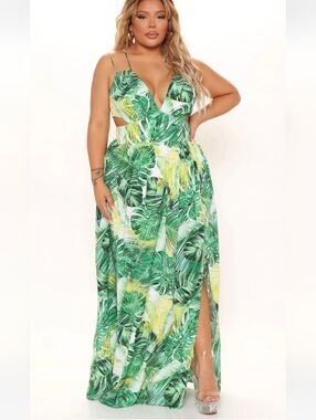 NWT Fashion Nova Key West Green Tropical Maxi Dress Front Slit Back Zipper XL